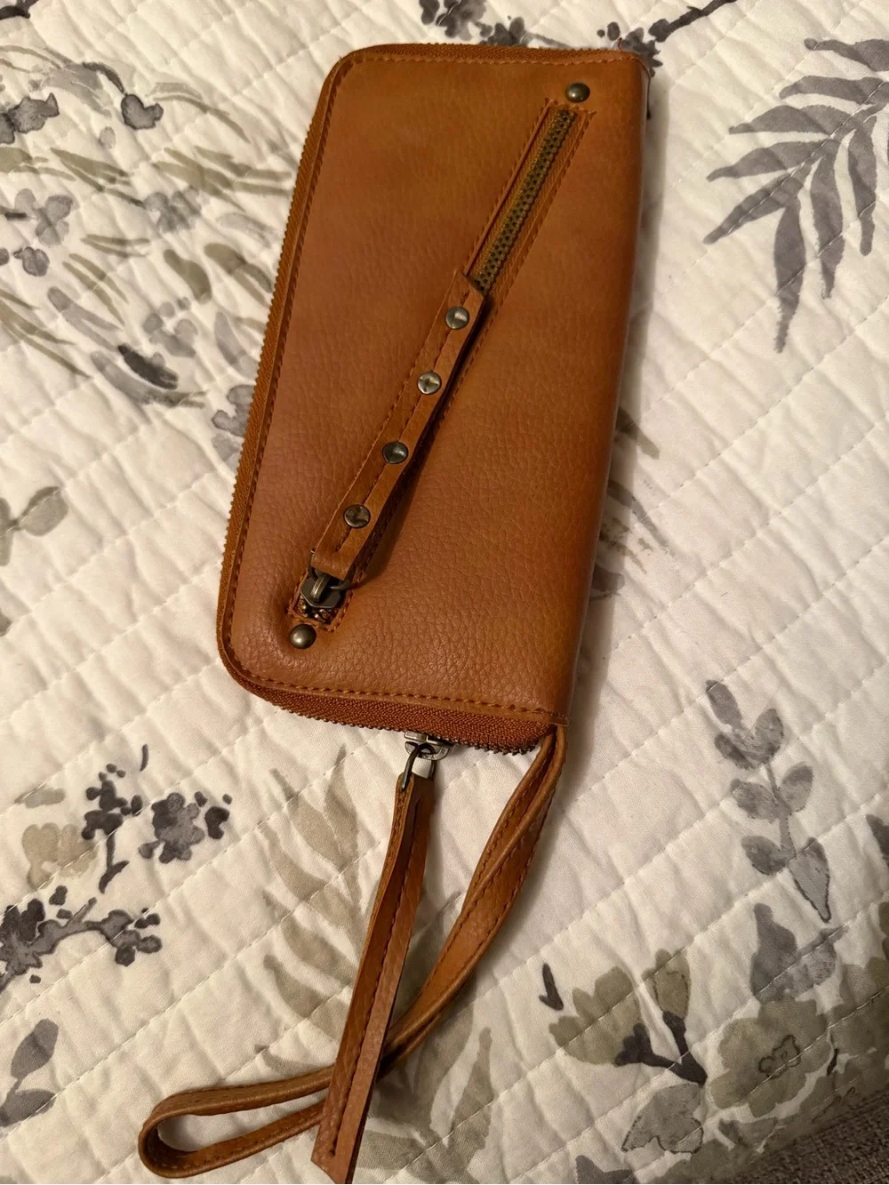 Free People Tan Leather Zip Wristlet Wallet